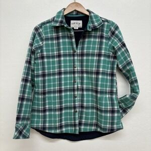 Orvis Womens Medium Long Sleeve Snap Button Sweatshirt Flannel Plaid Teal Fleece